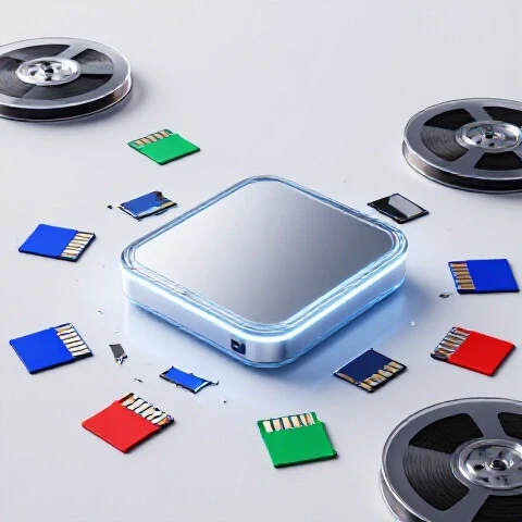 Sleek glowing external drive protected amid scattered, broken film reels and cracked memory cards, highlighting data safety.