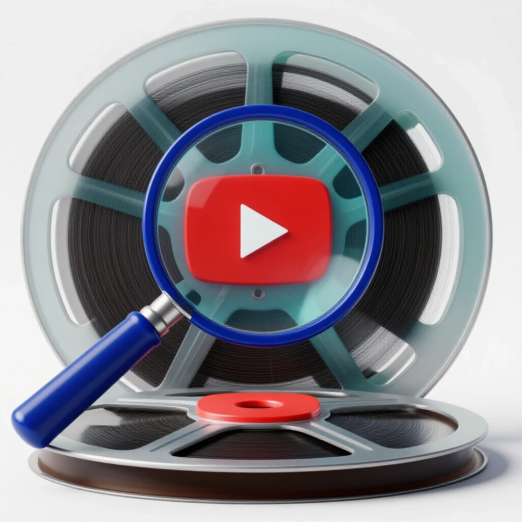 A magnifying glass over a classic film reel and YouTube play button, symbolizing film analysis.