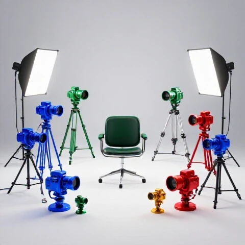 Vivid studio workspace with multiple colorful cameras, lights, and tripods arranged around a central filming chair.