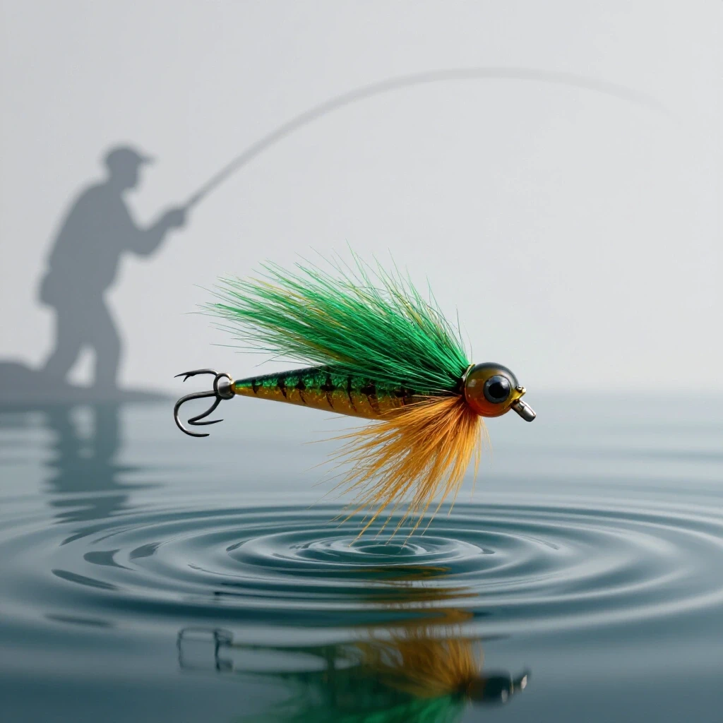 A vivid fly fishing lure suspended over a calm water surface with a fisherman silhouette in the background, creating a sense of intrigue.