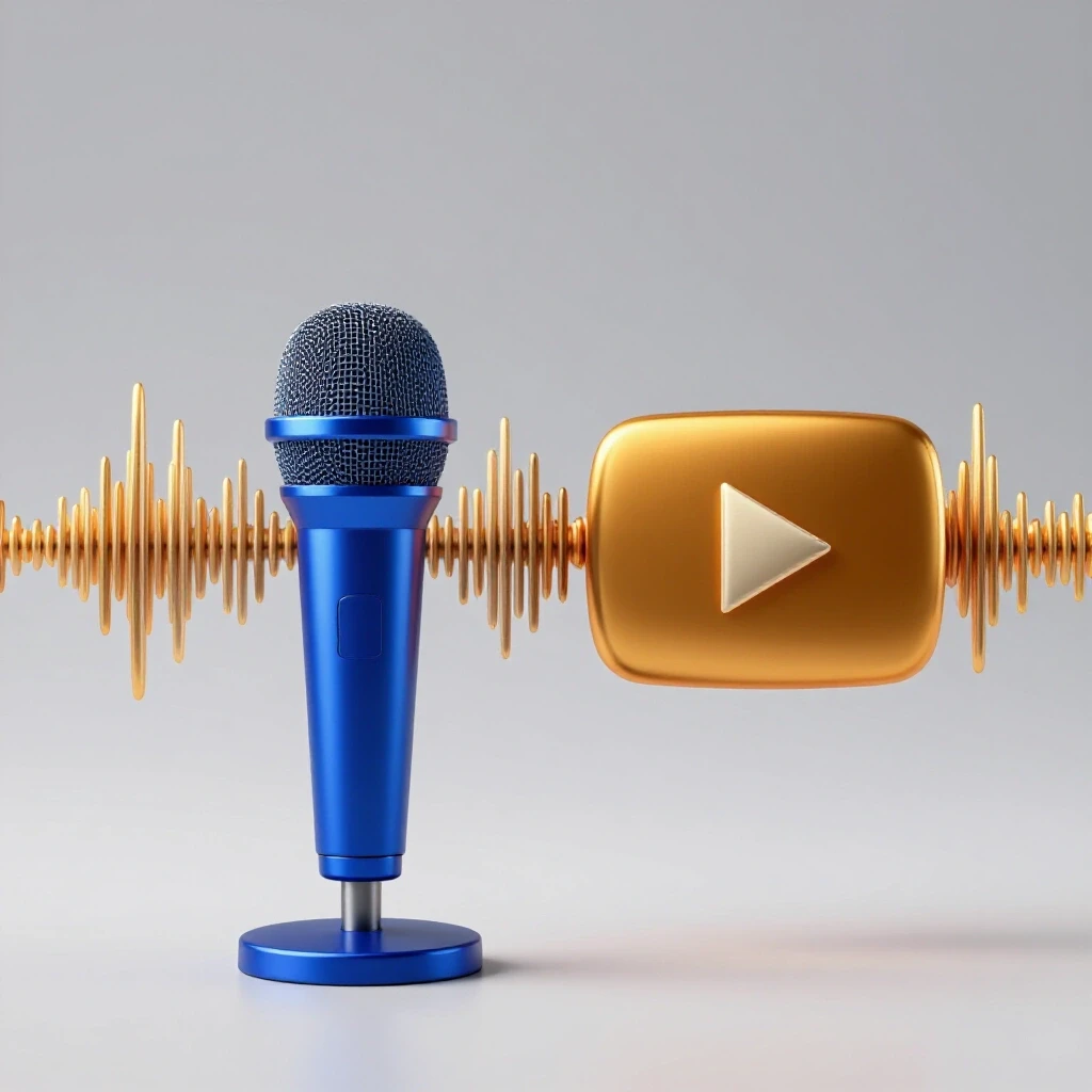 A vibrant microphone and YouTube play button with sound waves, set against a bright grey background.