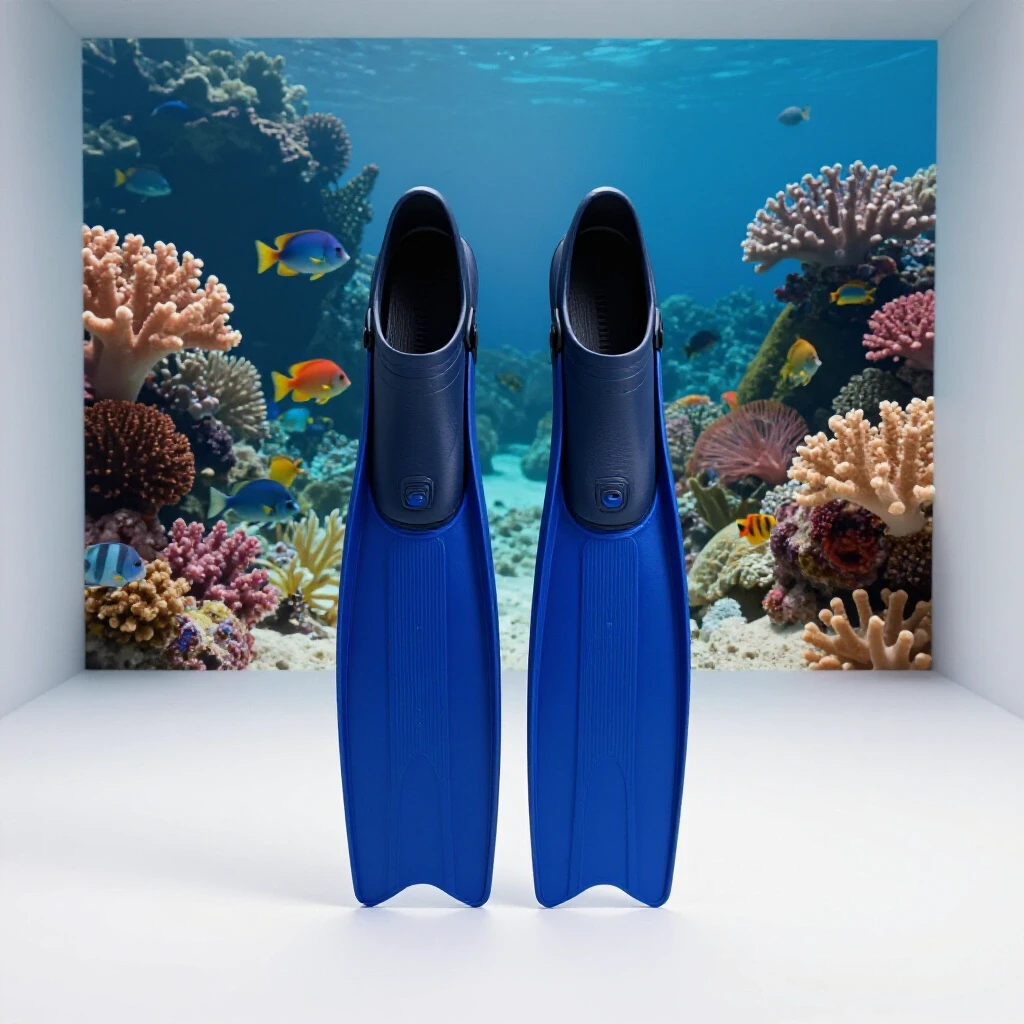 An eye-catching image of sleek freediving booties in front of a vibrant underwater scene with coral and fish.