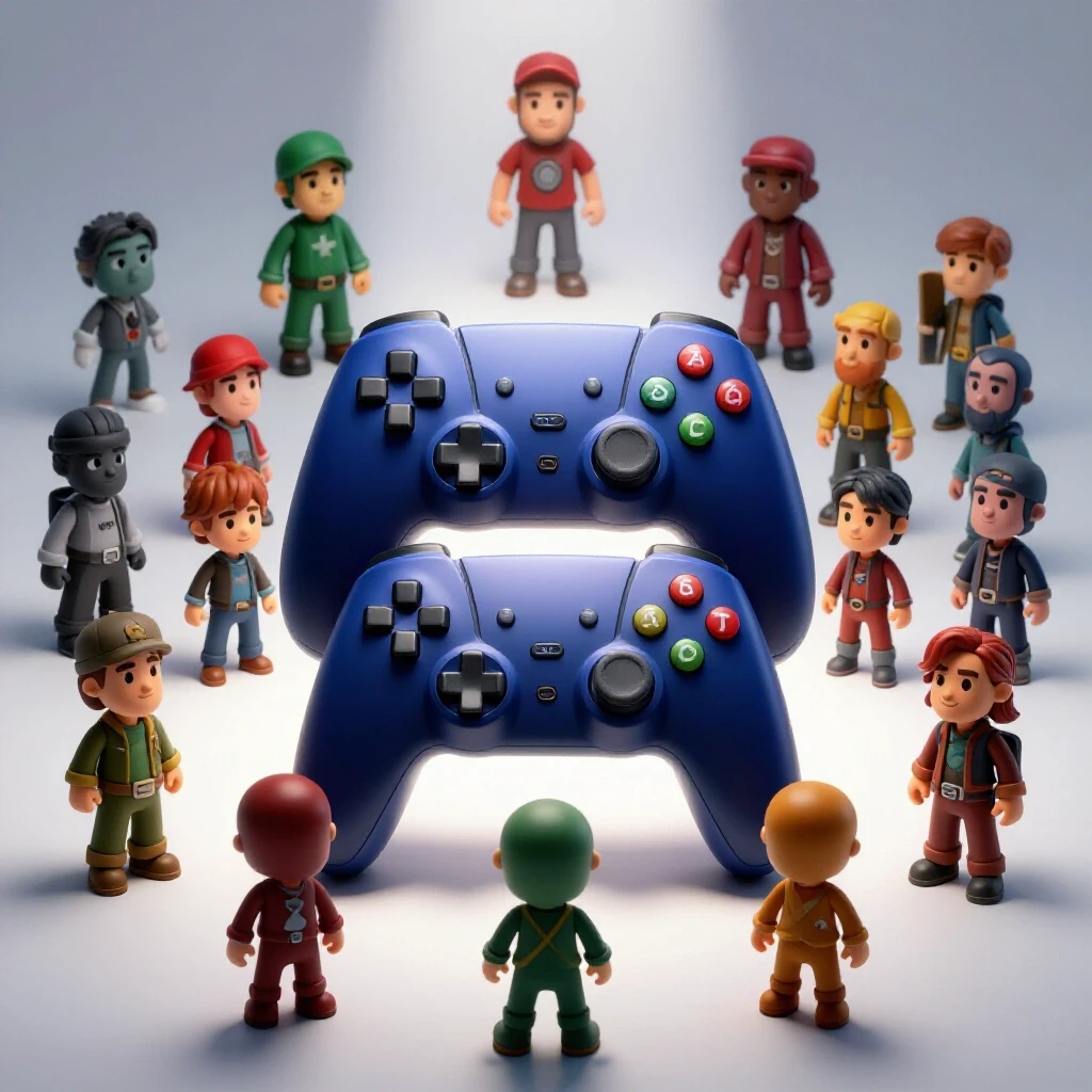 A vibrant 3D representation of a towering game controller with animated game reviewer avatars around it.
