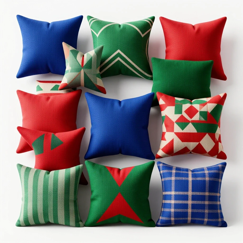 A vibrant collection of geometric throw pillows displayed in rich colors against a clean, bright background.