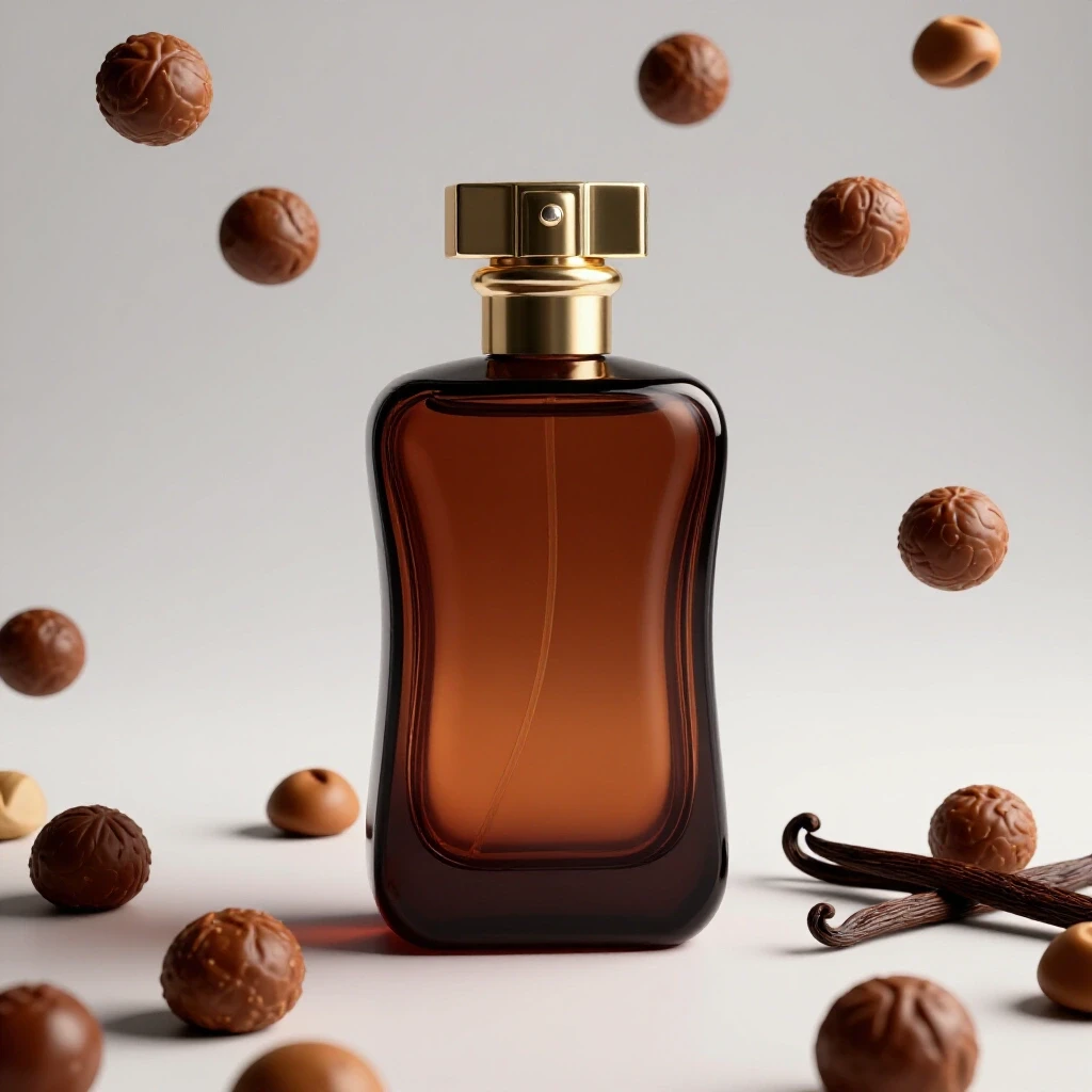 Luxurious praline-vanilla perfume bottle elegantly displayed with praline and vanilla beans around it.