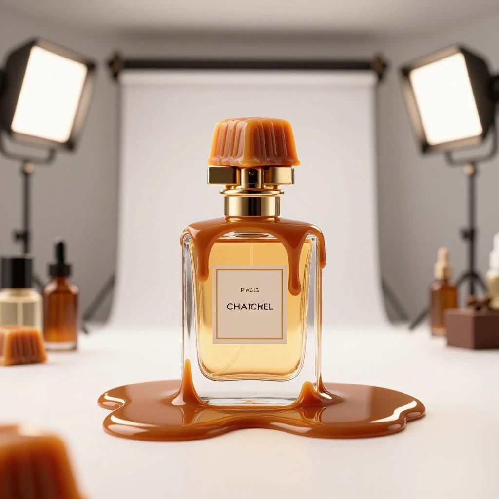 Luxurious toffee candy melting into a perfume bottle surrounded by soft, blurred backgrounds of vlogger setups.