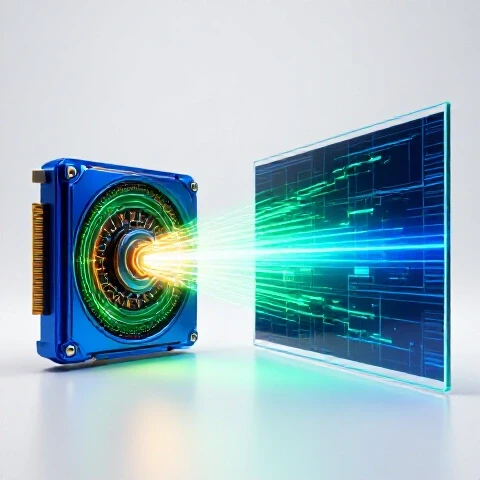 Dramatic split-screen of a glowing GPU transforming choppy video frames into vibrant, smooth footage