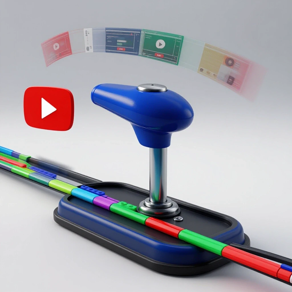 A vibrant 3D image of a handbrake lever pulling a colorful video timeline into a YouTube play button, symbolizing video settings.