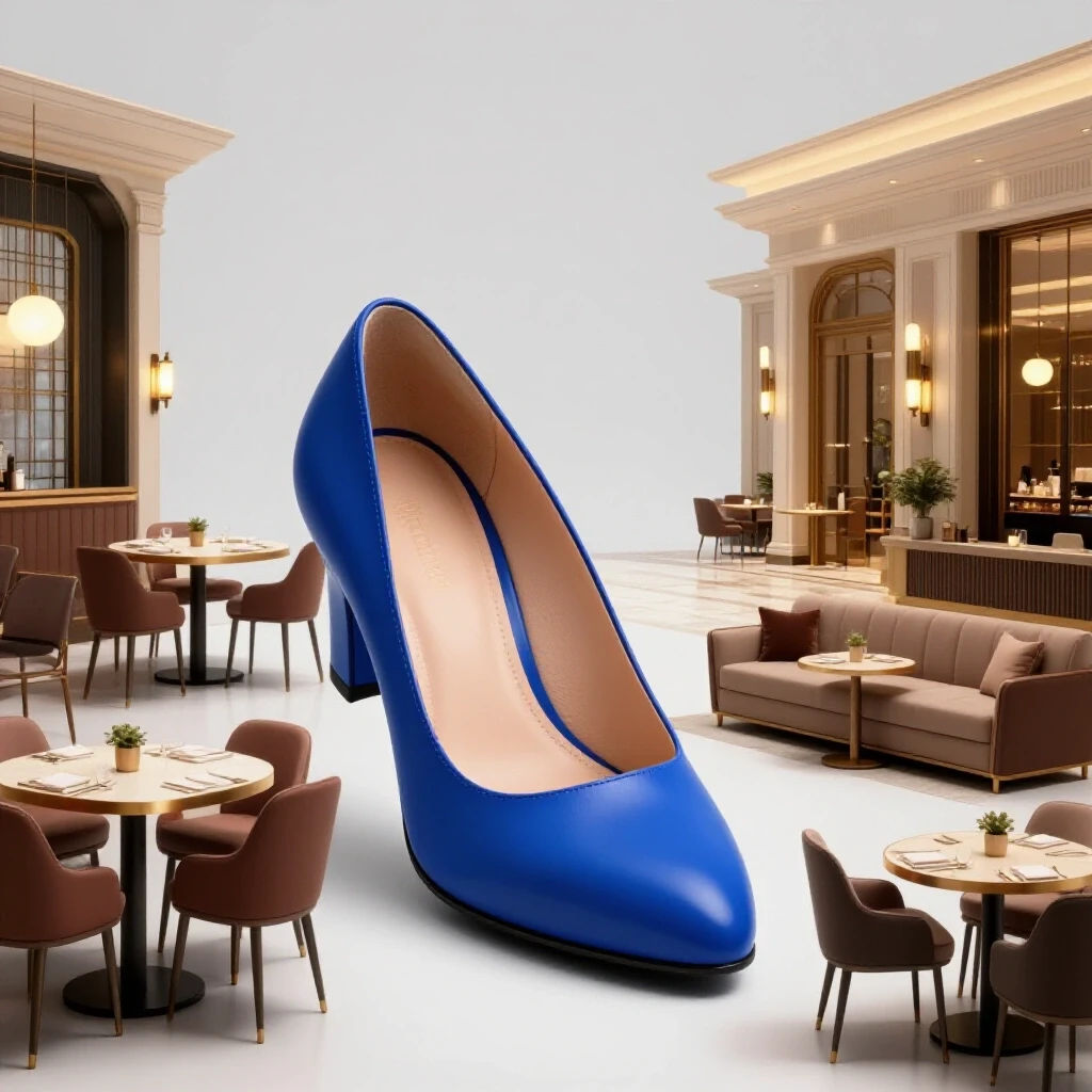 A vibrant blue shoe centered in a well-lit studio against a light background, surrounded by hospitality settings.