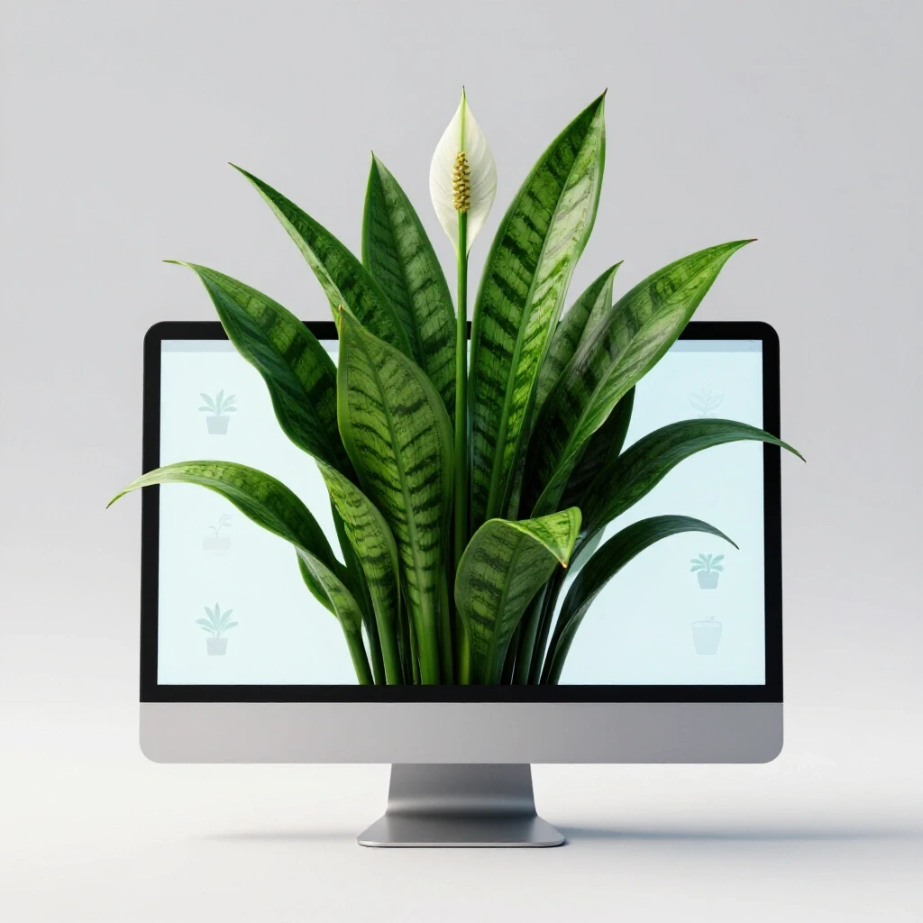 A vibrant houseplant emerging from a computer screen in a bright studio, symbolizing digital growth and knowledge.
