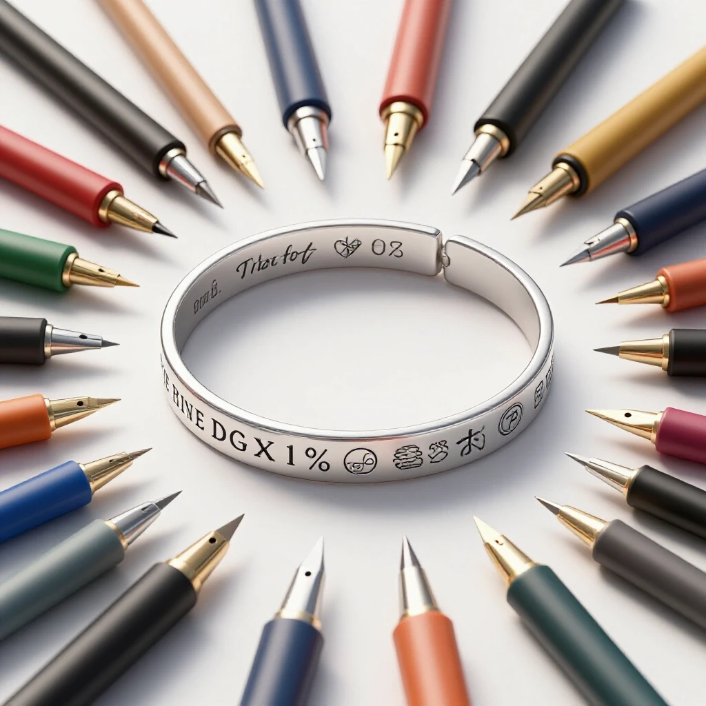 Close-up of an engraved ID bracelet with colorful engraving tools and a bright background, showcasing craftsmanship.