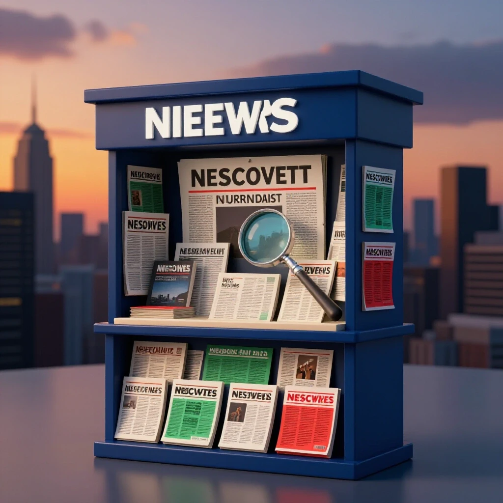A vibrant 3D-rendered newsstand filled with diverse articles against a dramatic skyline at dusk.