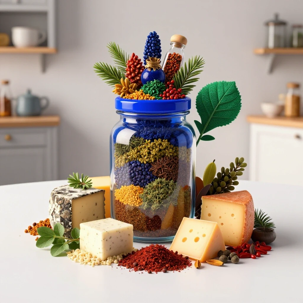 A vibrant spice jar surrounded by gourmet cheeses and fresh herbs in a bright kitchen setting.