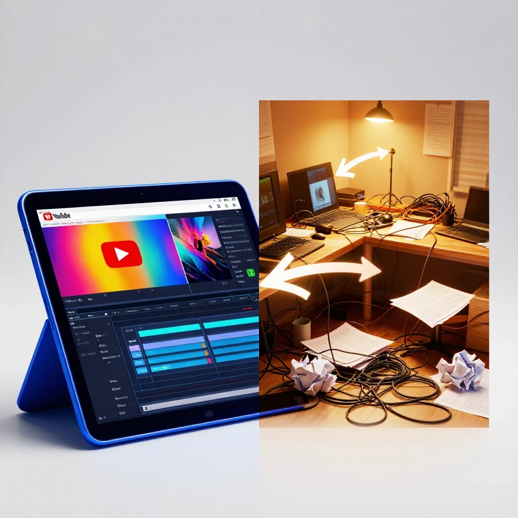 A vibrant iPad showcasing the YouTube interface next to a cluttered workspace, symbolizing video editing chaos.