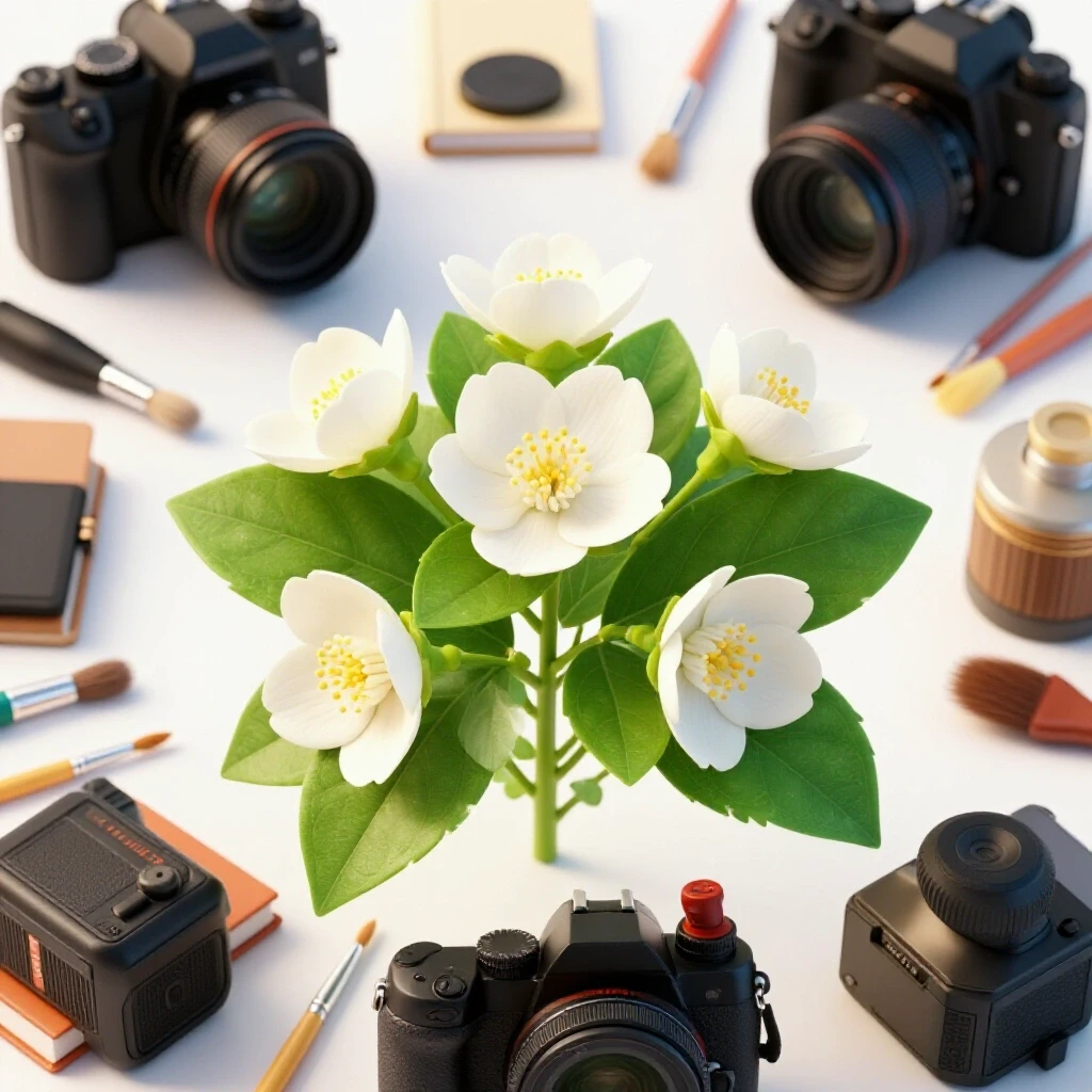 A vibrant jasmine flower centered amidst artistic tools like cameras and paintbrushes in a bright studio.
