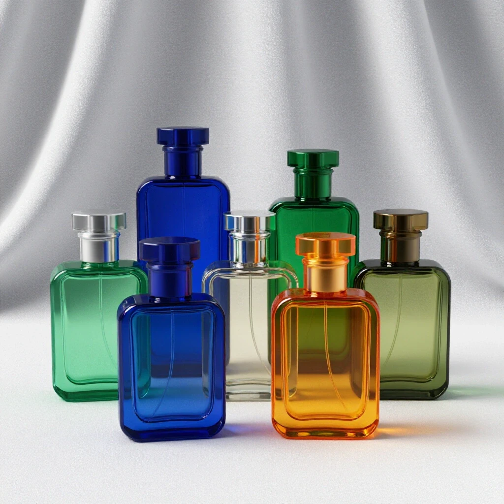 Artistic display of colorful perfume bottles against a light, airy linen backdrop, creating a fresh and dreamy atmosphere.