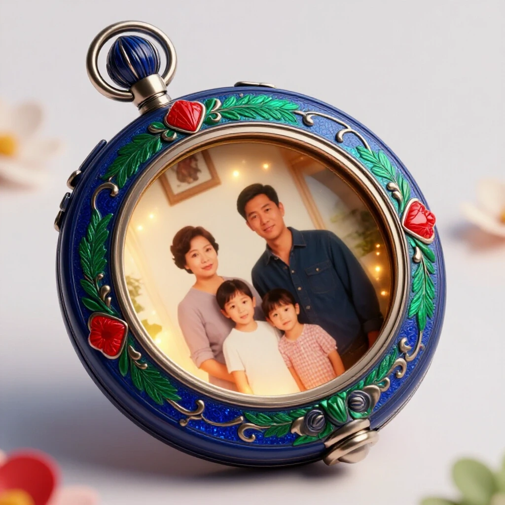 Close-up of an ornate locket partially open with a family photo inside, glowing softly with floral accents.
