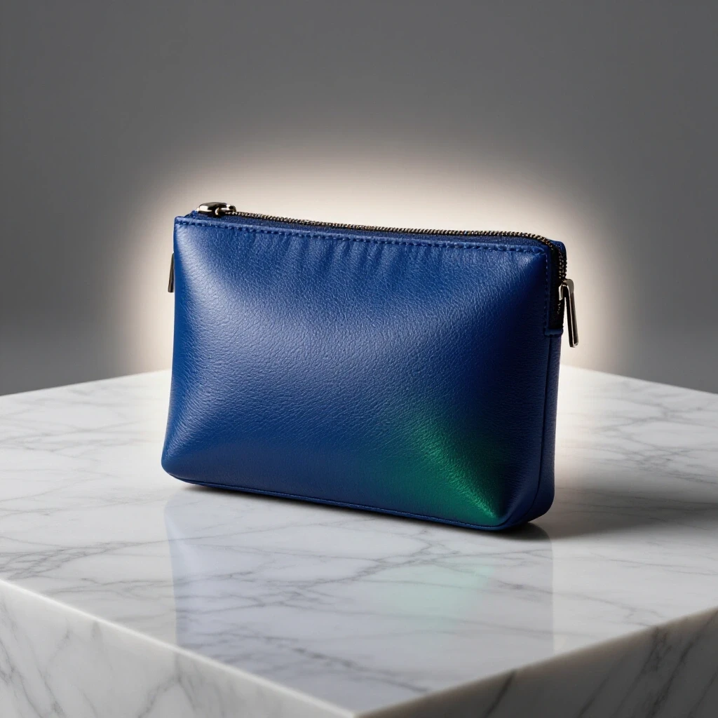 Luxurious gadget pouch showcased with soft lighting on a marble texture background, evoking elegance.