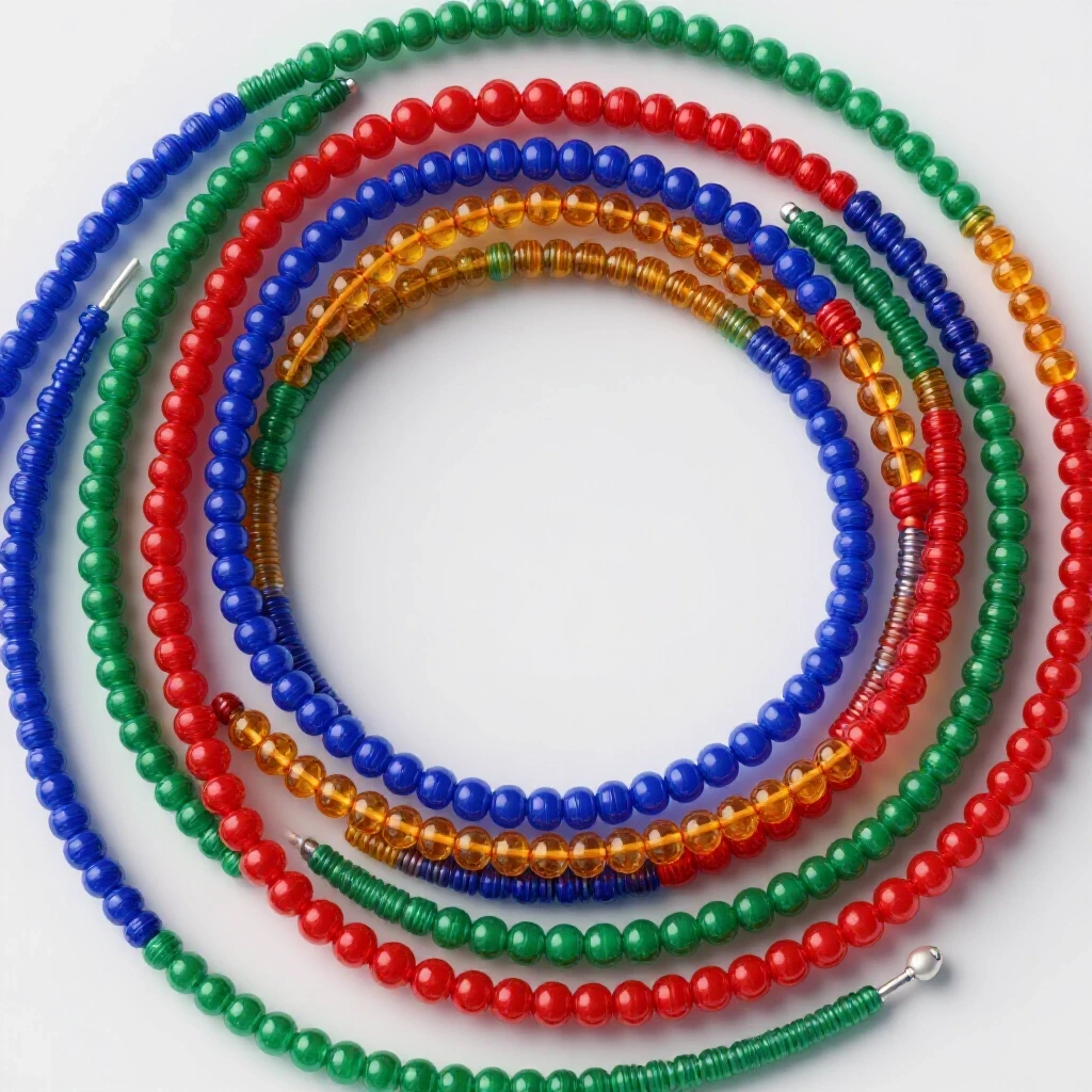 A vibrant display of colorful memory wire bracelets arranged in a spiral, showcasing rich colors and textures.