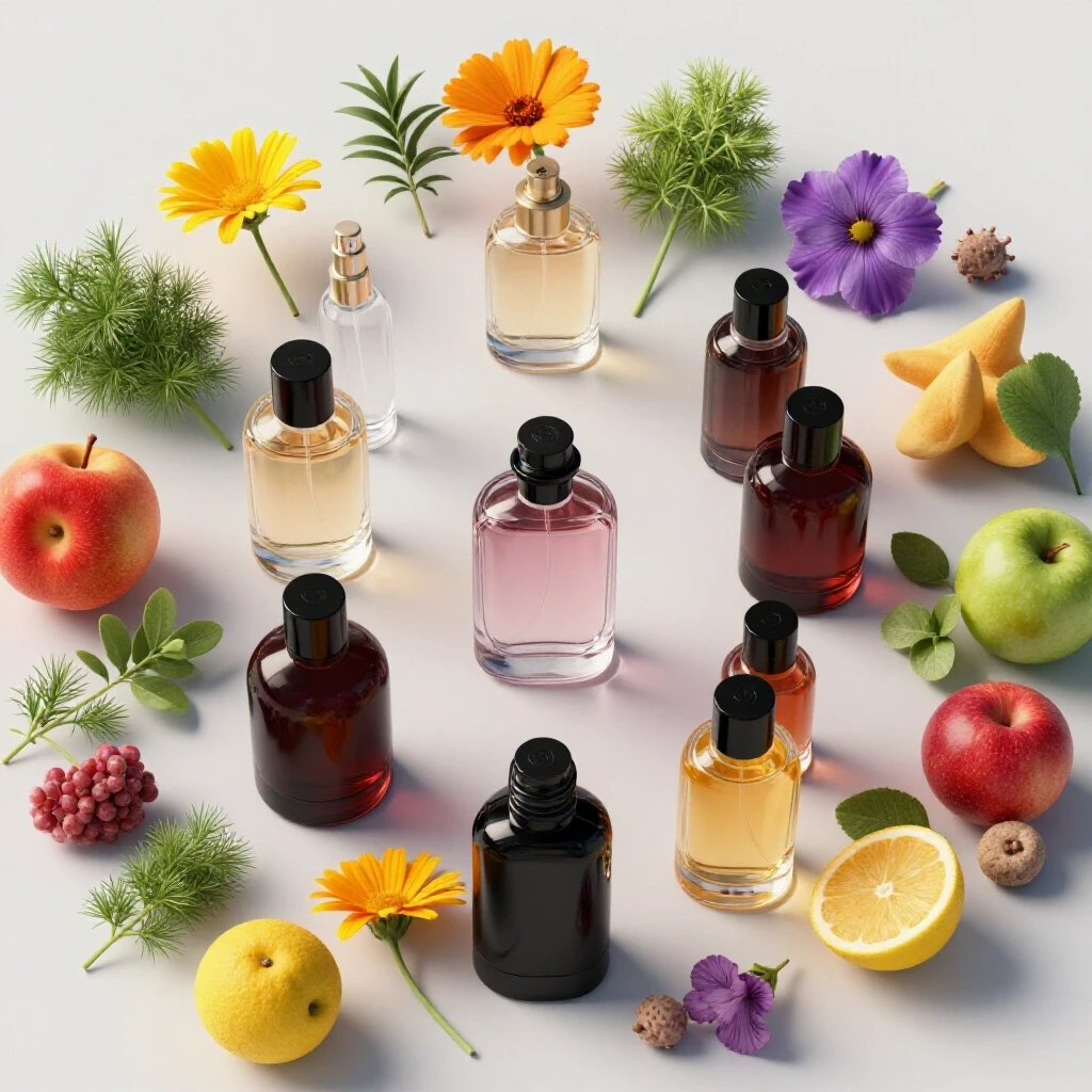 An elegant flat lay of transparent perfume bottles surrounded by colorful flowers, herbs, and fruits on a bright backdrop.