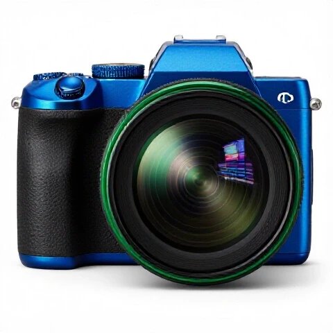 Modern mirrorless camera on a bright white background reflecting vivid video production scenes in its lens.