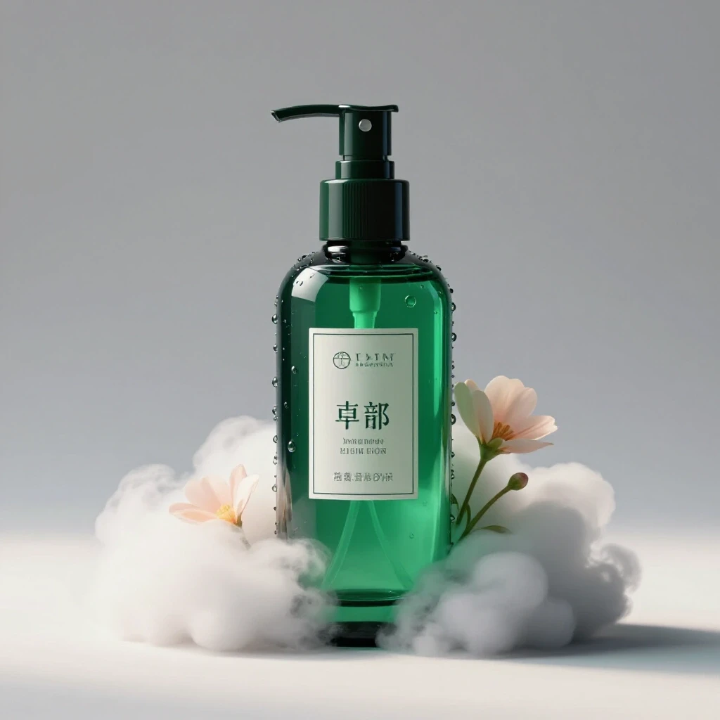 Close-up of a rich emerald green body mist bottle surrounded by ethereal pastel mist and floral elements.