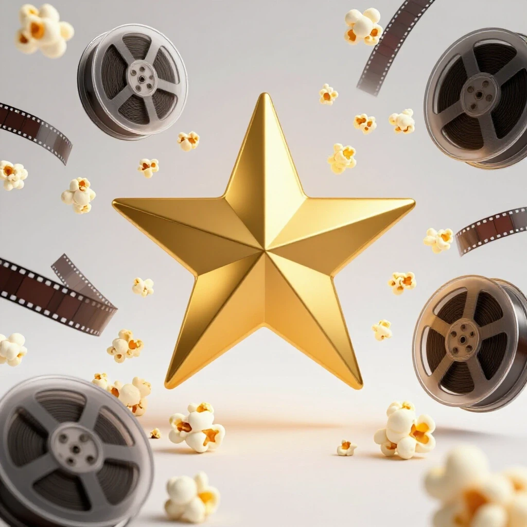 A striking image featuring a central golden star surrounded by film reels and popcorn, symbolizing movie reviews.