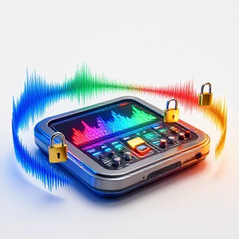 Futuristic control panel with glowing music waveforms and open golden padlocks symbolizing music licensing freedom