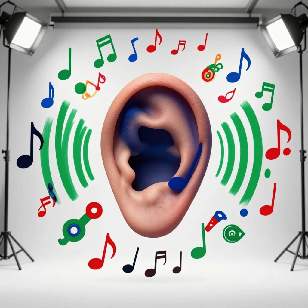 Vibrant image of an expressive ear with sound waves and colorful music notes, capturing the essence of music reaction channels on YouTube.