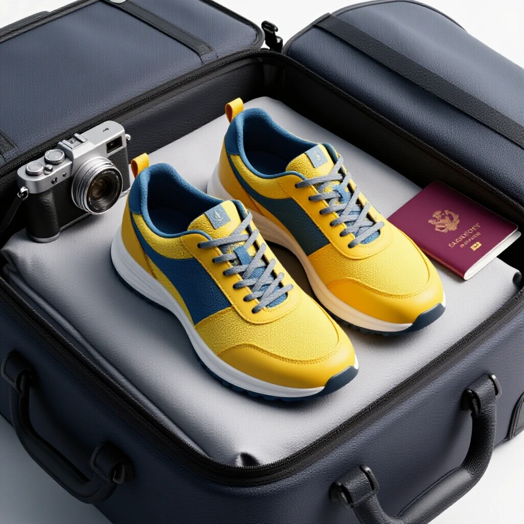 Stylish packable travel shoes on a neatly folded travel bag with a camera and passport, evoking a sense of adventure.