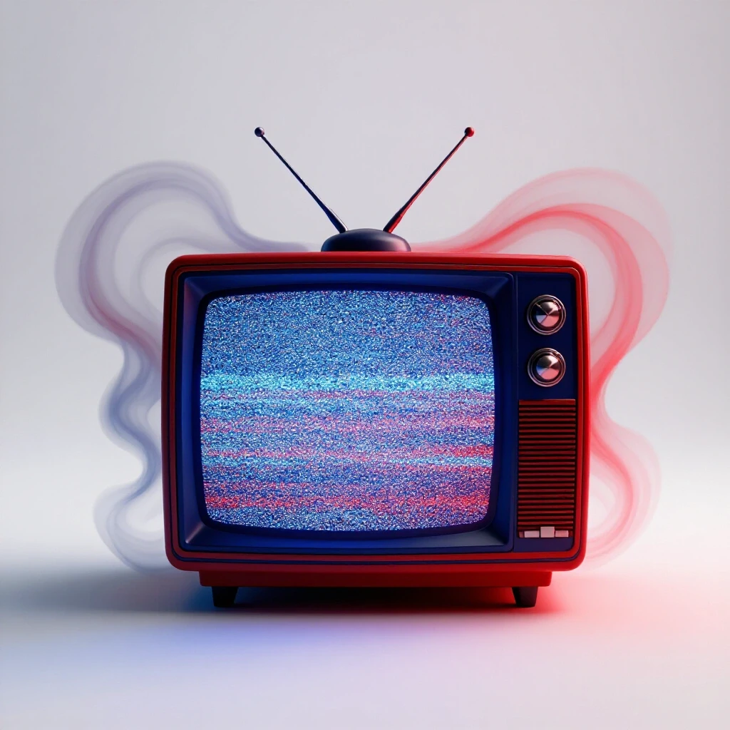 A vintage TV displaying static, surrounded by ghostly wisps, set in a bright studio environment.