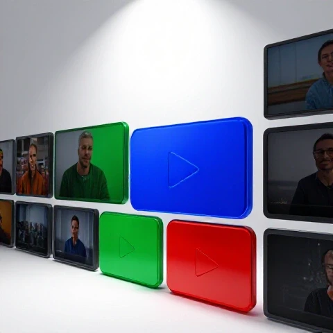 Vibrant spotlighted video thumbnail stands out among dimmer ones on a bright studio background.