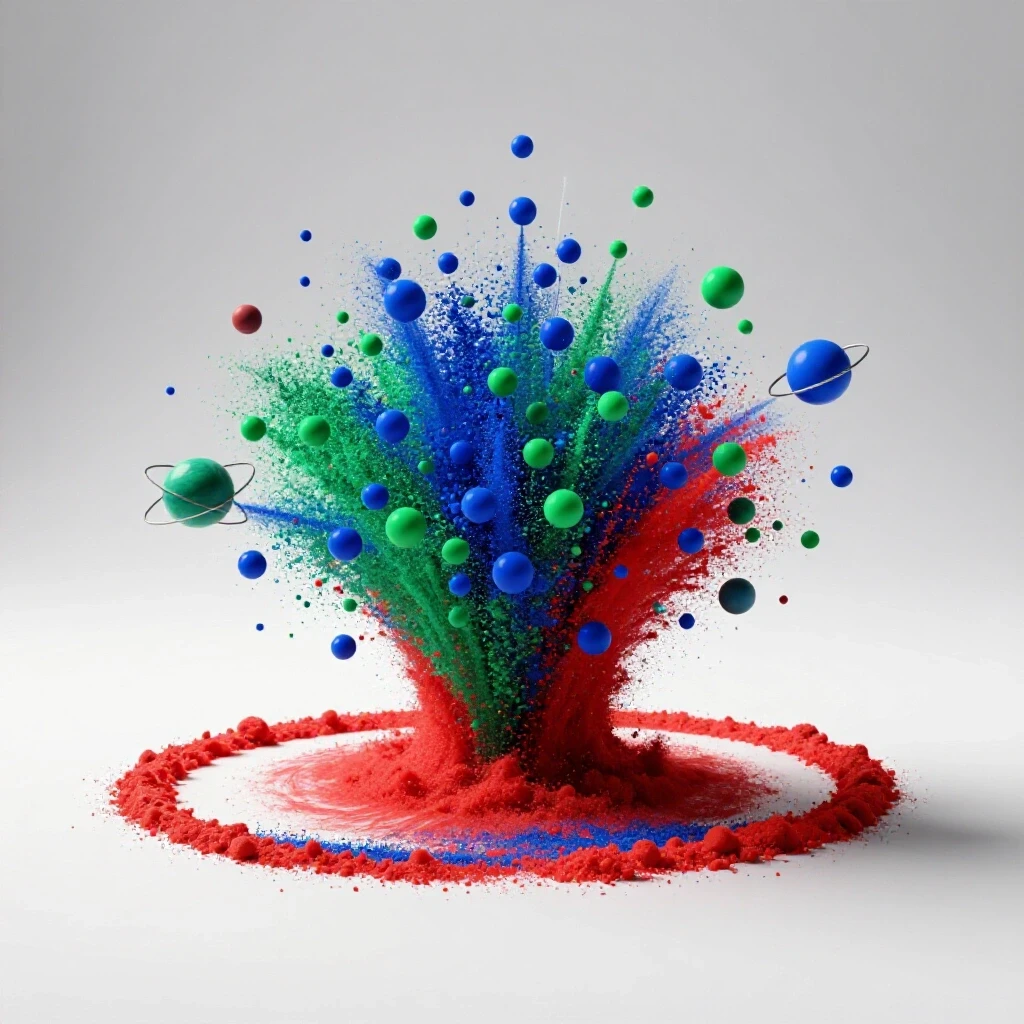 Vibrant 3D illustration of colorful particles and wave patterns, symbolizing physics concepts, on a bright background.
