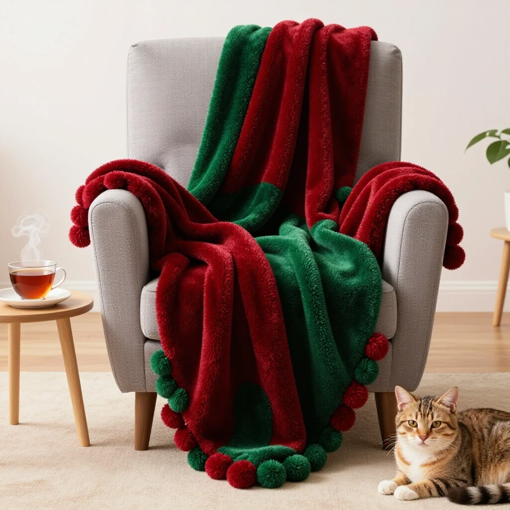 A cozy living room featuring a colorful pom-pom throw blanket on a stylish armchair, with a cup of tea and a cat.