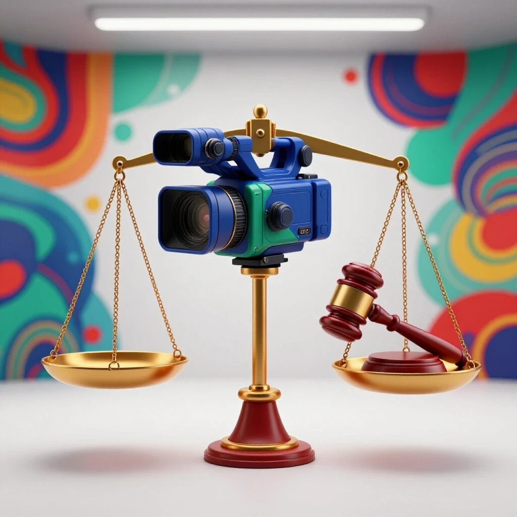 A balancing scale with a video camera on one side and a gavel on the other against a vibrant abstract background, symbolizing fair use in video content.