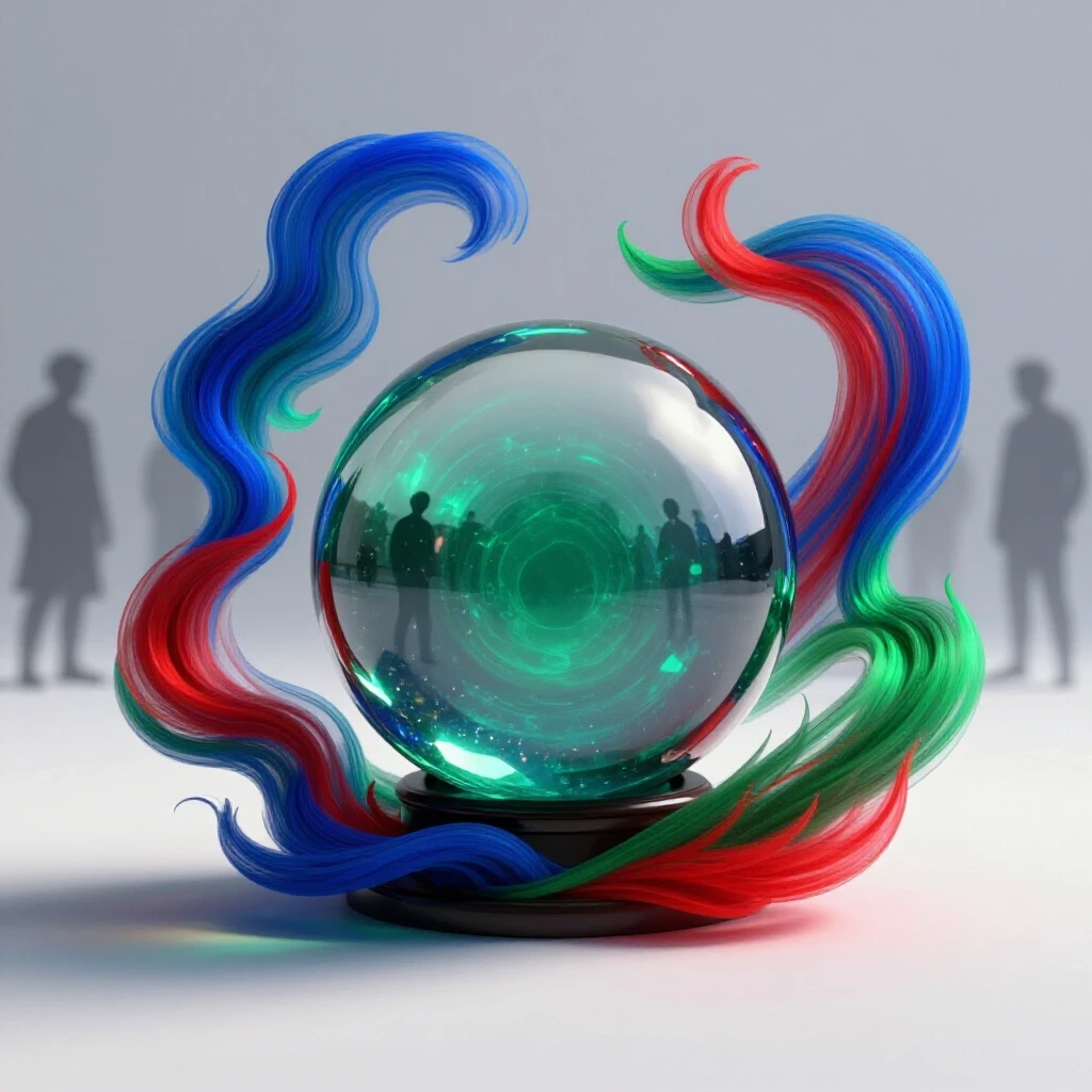 A glowing crystal ball surrounded by colorful light wisps, set in a bright studio-like environment, evoking mystery.