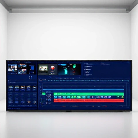 Split-screen video editing interface with chaotic footage on one side and a vibrant, organized timeline on the other, vivid plugin icons highlighted.