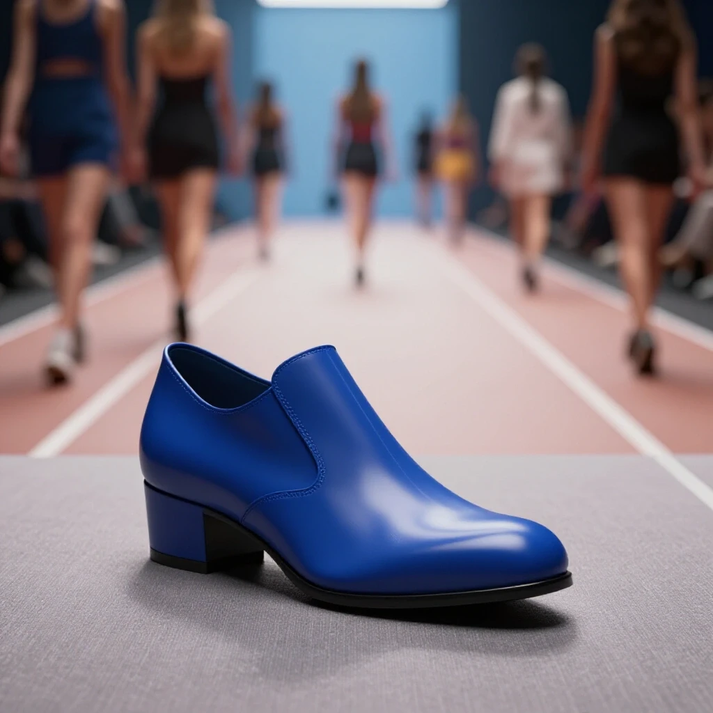 A sleek, deep royal blue high-fashion shoe displayed prominently against a blurred vibrant runway background, symbolizing runway endurance.
