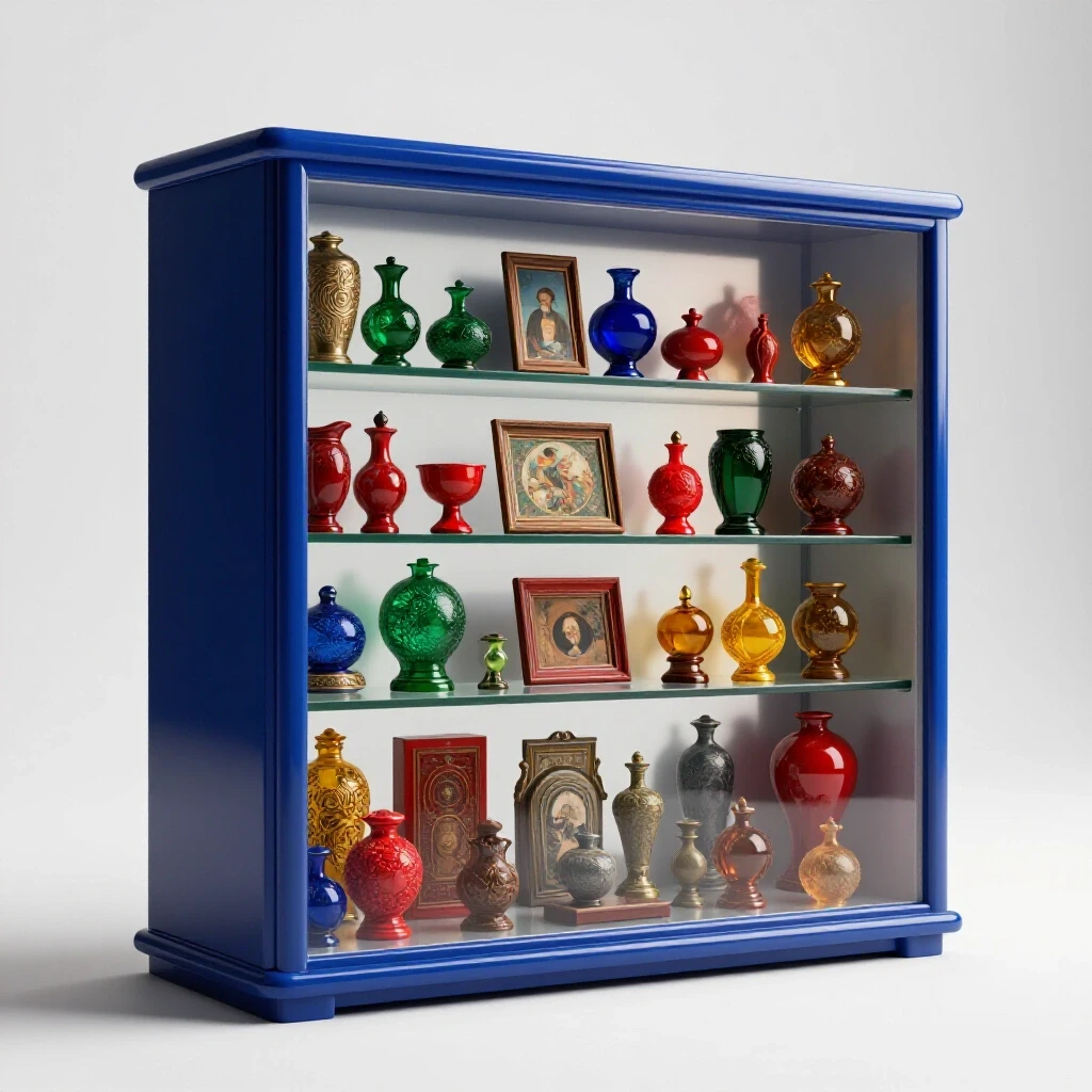 A beautifully arranged small-scale display cabinet featuring colorful collectibles in a bright studio environment.