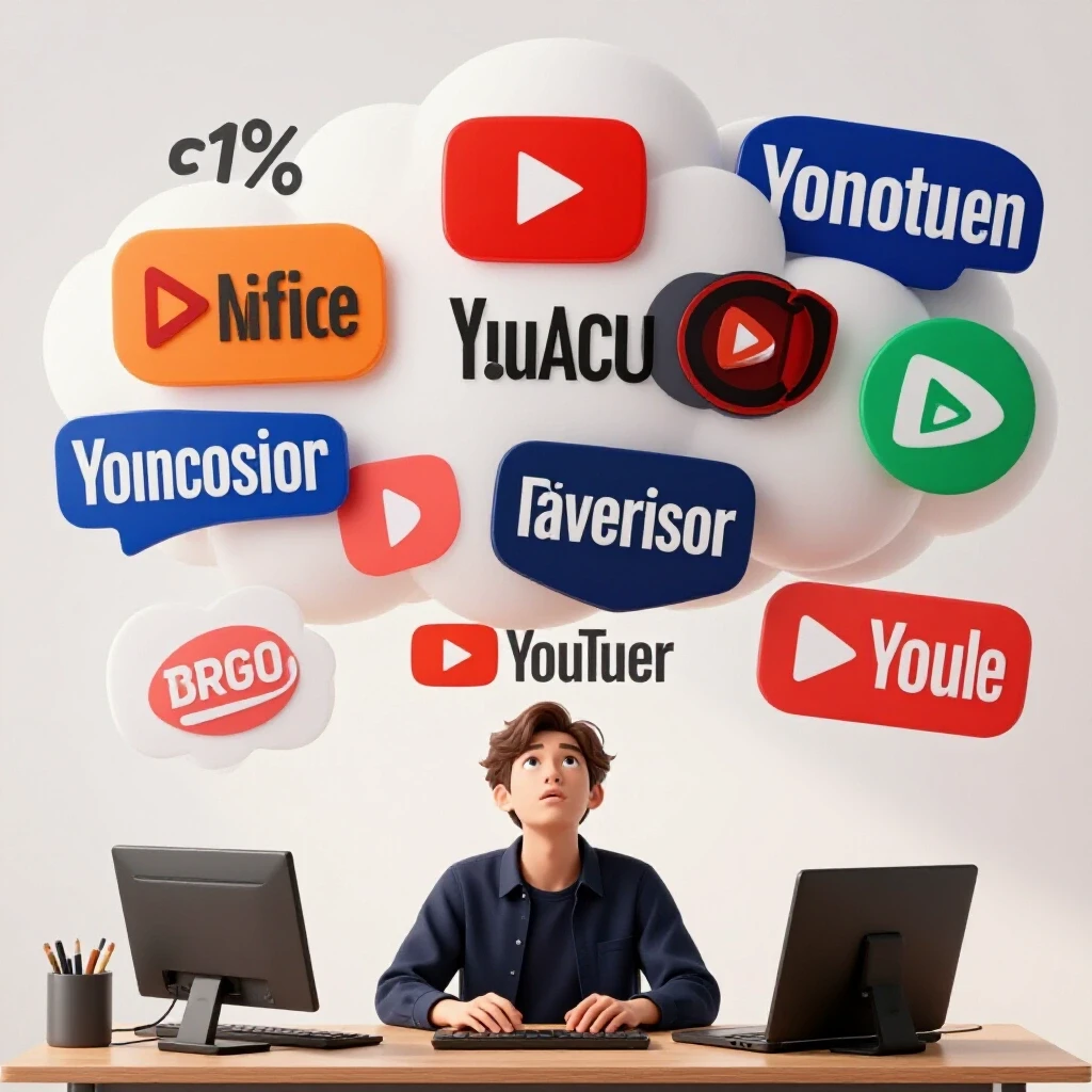 A small YouTuber at a desk gazing up at vibrant sponsor logos, symbolizing opportunities above them.