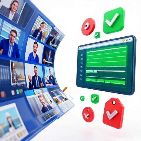 Vibrant split-screen showing colorful video clips from browser tabs contrasted with workflow icons and price tags on a bright white background.
