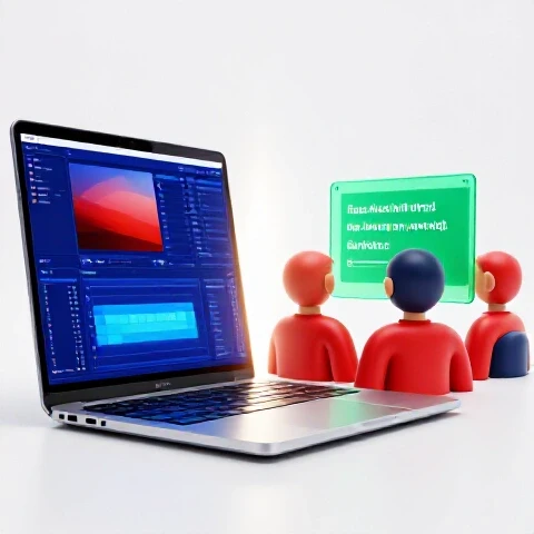 Split-screen image of a video editor timeline contrasted with diverse audience avatars watching with clear subtitles.