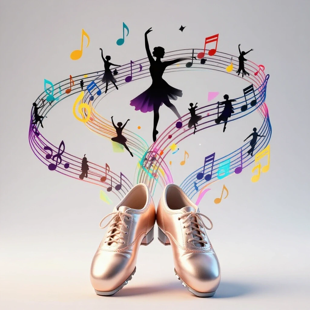 A pair of shiny tap shoes surrounded by vibrant musical notes and dance silhouettes on a bright background.