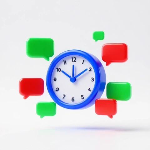 Glossy blue clock with glowing comment bubbles orbiting it, set against a bright white background.