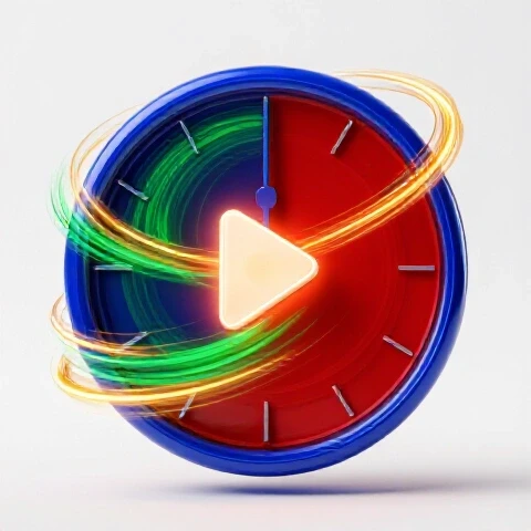 Vivid clock face with swirling light trails connecting to a glowing play button on a bright studio background