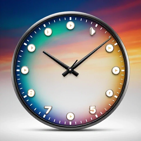 A vibrant clock with glowing play buttons as hour markers set against a bright sky shifting from dusk to dawn.