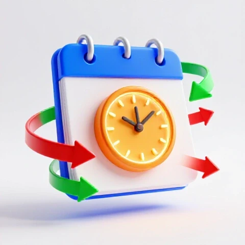A dynamic calendar morphs into a glowing clock with vibrant arrows and energy trails, set on a bright background.