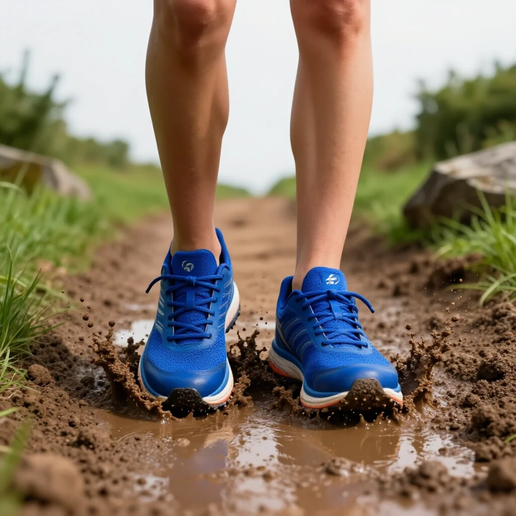 Vibrant running shoes splashing through muddy trail, surrounded by blurred greenery.