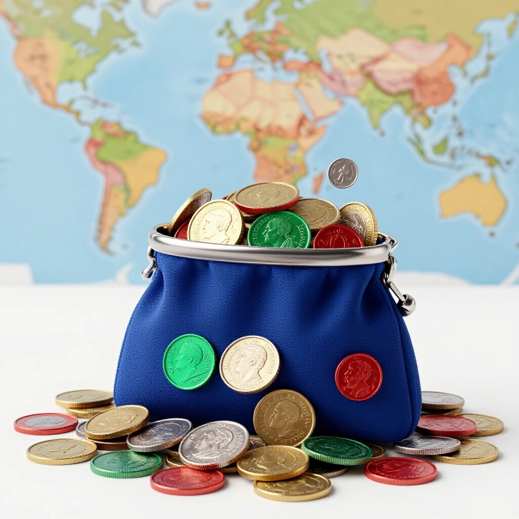 An open travel coin pouch overflowing with colorful international coins against a bright map background.