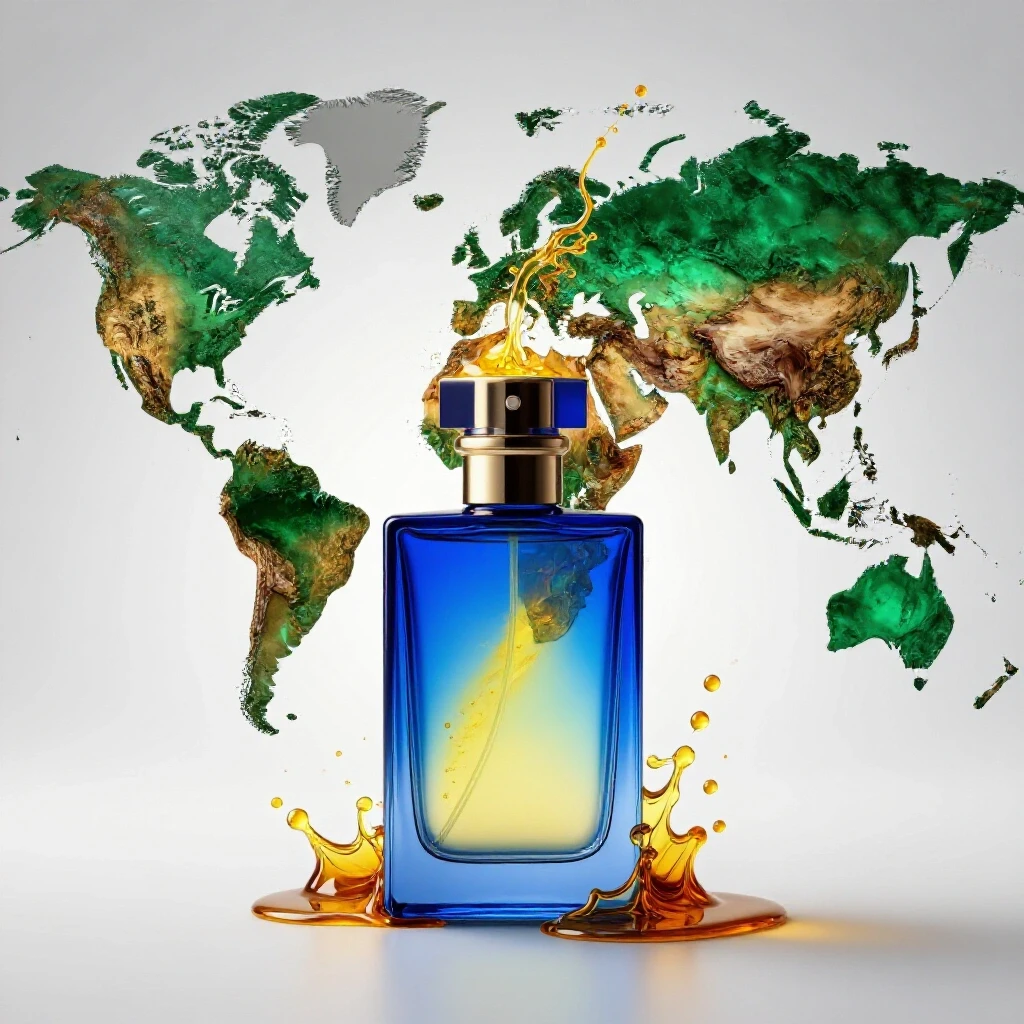 A vibrant perfume bottle spilling colorful liquid, transforming into a world map on a bright grey background.